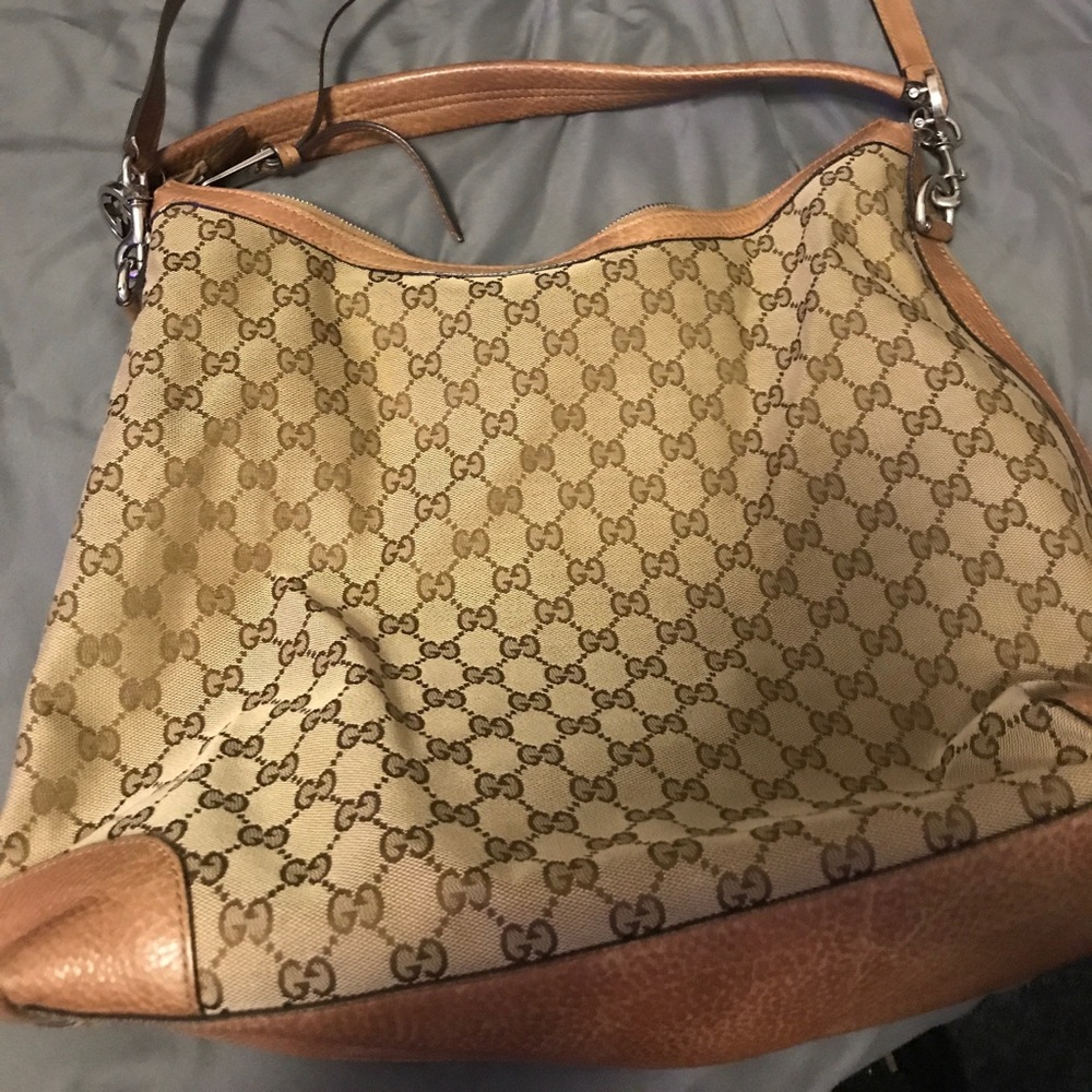 Gucci Beige Monogram Canvas and Tan Leather Hobo Bag